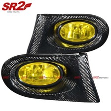 Real Carbon Fiber Bezel Yellow Fog Lights Driving Bumper Lamp Fits 02-04 Rsx Dc5