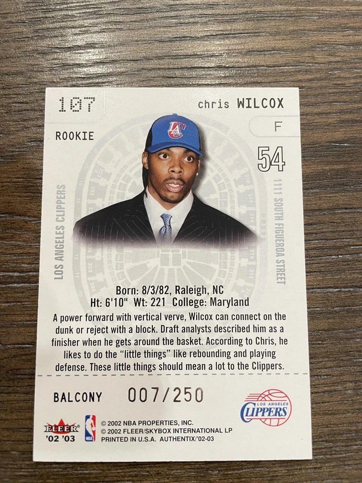 2002-03 Fleer Authentix #107 Chris Wilcox балкон #/250 - Изображение 2 из 2