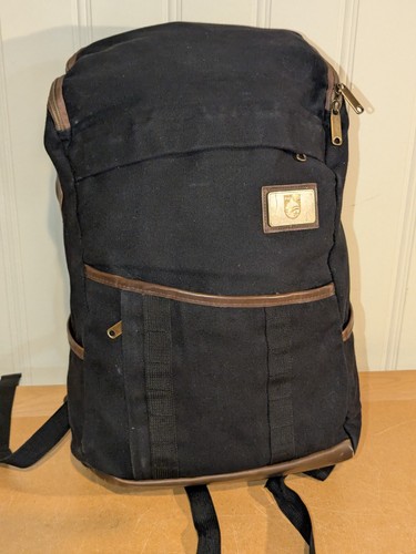 Origaudio Finley Mill Canvas Leather Black Brown Padded Laptop Backpack Engraved