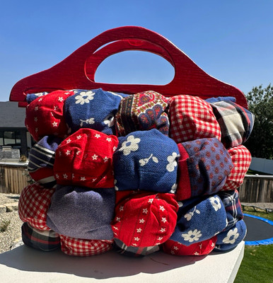 Vintage Handmade Puff Patchwork Purse Red White Blue Calico Wood Handle 70s