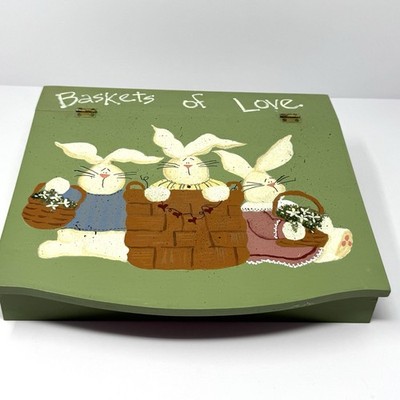 VTG Wood Slant Lid Lap Writing Desk Hinged Lid Hand Painted Bunnies Folk Art
