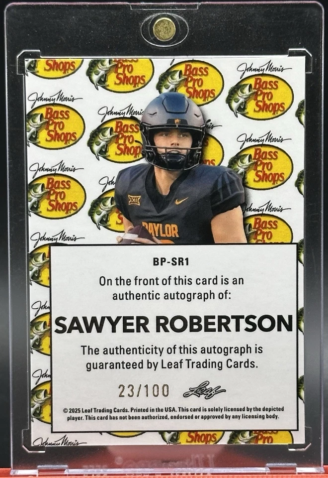 /100 Sawyer Robertson Auto Red Holo 2025 Leaf &  Bass Pro Shops Baylor Rookie Sp - Image 2 of 2