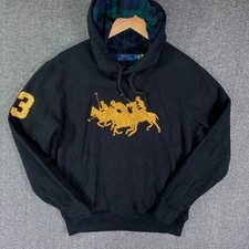 Polo Ralph Lauren 3 Triple Pony Fleece Hoodie Men Small Black Rugby Pullover