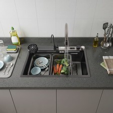 Kitchen Sink Double Basin Stainless Steel Sink Bowl W/ Pull-out Faucet