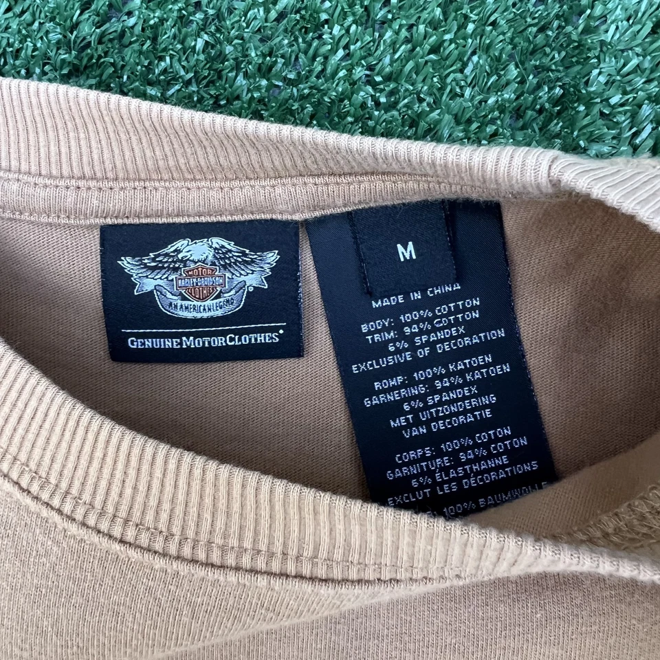 Camiseta Harley Davidson Para Hombre Mediana Beige Negra Manga Larga Rayas Motociclista Alas Foto 2 de 4