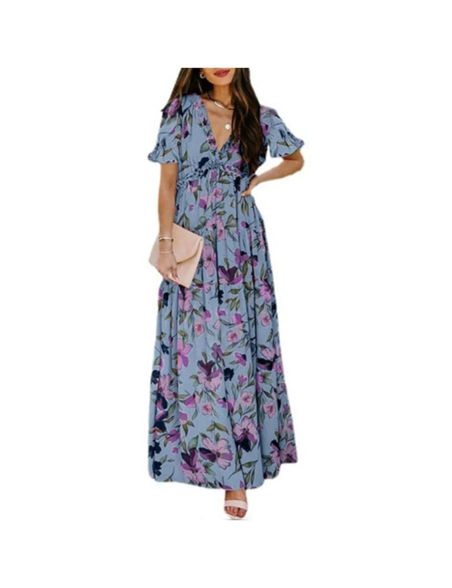 v neck flowy maxi dress JNGSA Women's Boho Maxi Dresses Casual Ruffle Long Sleeve V-Neck Flowy Long Beach Dress Plus Size Loose Dress Red