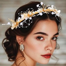 Pearl Headband Gold Beaded Bridal Headpiece Bride Wedding Hair Accessories