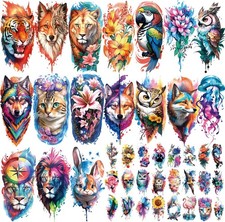 77 Sheets Temporary Tattoo, 17 Sheets Half Arm Flower Lion Tiger Cat Owl Parr...