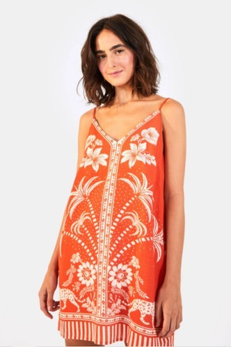 Farm Rio Maraflori Orange Floral Palm Leopard Mini Dress Size L