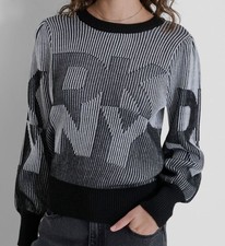 DKNY Women's Gray/Black Logo-Transfer Ribbed Crewneck Sweater Size XS