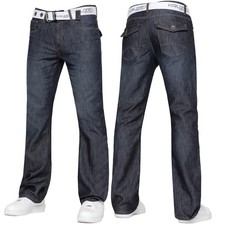 Kruze Mens Bootcut Jeans Wide Leg Flare Denim Belted Trouser Pants UK Waist Size