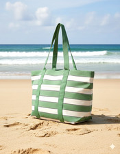 Image of NWT GAP Green White Stripe Large Cotton Canvas Tote Beach Shopper Travel Bag