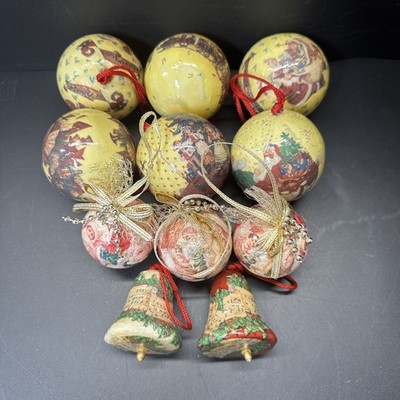 Vintage Christmas Ornaments Paper Mache Decoupage/ Lot Of 11