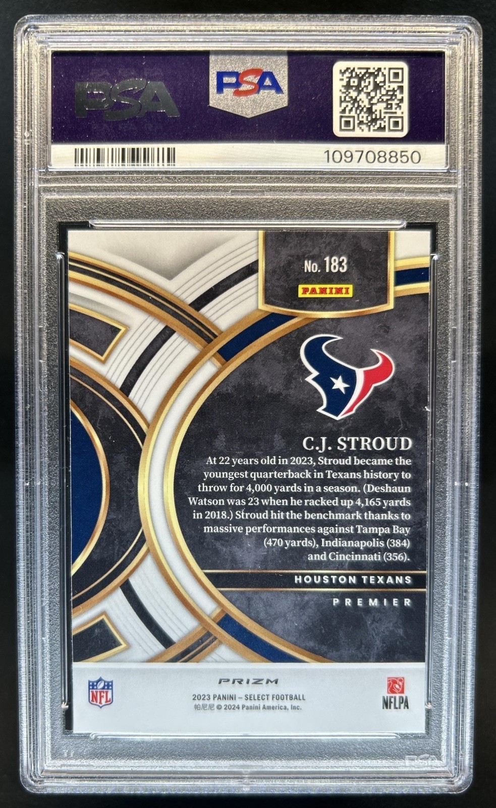 2023 Panini Select C.J. Stroud Zebra Prizm SSP RC Premier Level #183 PSA 10 view 2