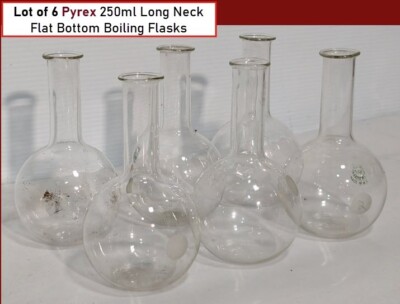 Lot of 6 Pyrex 250ml Flat Bottom, Long Neck, Boiling Flasks