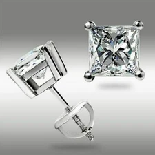Screw Back Princess Shape Natural Diamond Stud Earrings 4-Prong 14k White Gold