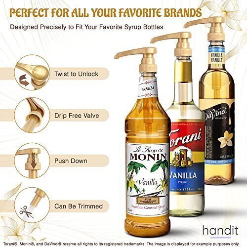 Premium Gold Syrup Pumps Set Of 6 | Fits 750ml Bottles | Ideal For Coffee - Picture 3 of 9