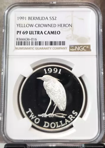 1991 BERMUDA SILVER 2 DOLLARS CROWNED HERON NGC PF 69 ULTRA CAMEO RARE TOP POP