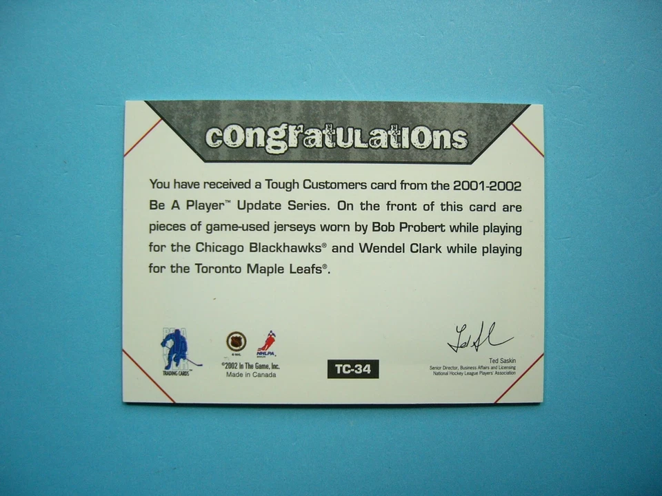 2001/02 IN THE GAME ITG BAP DUAL JERSEY CARD #TC-34 BOB PROBERT WENDEL CLARK - Image 2 of 2