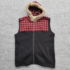 Woolrich Womens Vest Jacket XL P Buffalo Plaid 100 Lambs' Wool Faux Fur Hooded