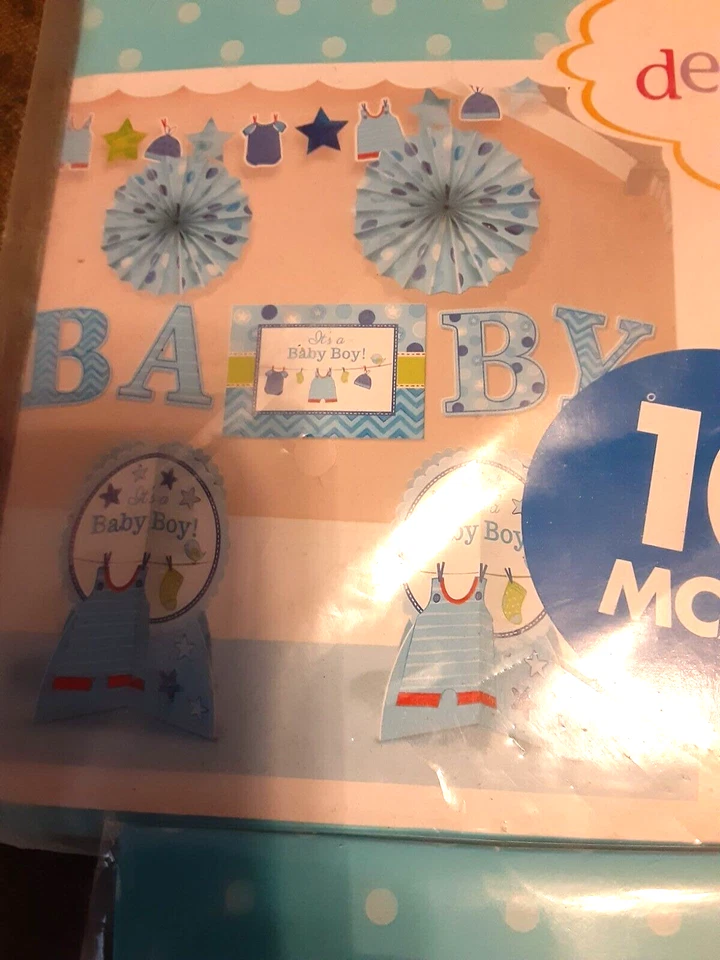 Baby Shower Decorations for Boy Blue/White Set Decor Games Plates Cups Satch - Image 2 of 4
