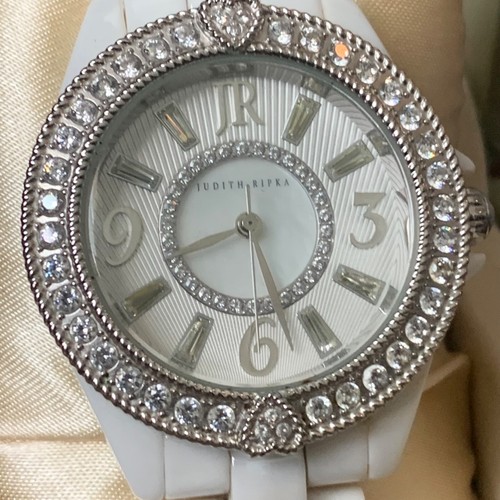Judith Ripka White Ceramic Watch Diamonique Crystal Silver Tone Size 6 Estate - Picture 3 of 10