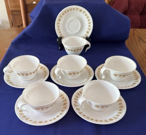 Vintage Corelle Corning Butterfly Gold Cups and Saucers- Six-Piece Set