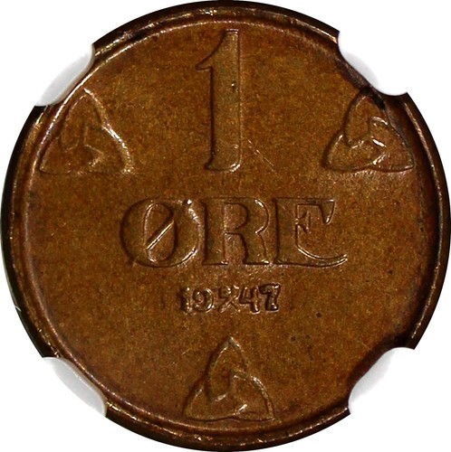 Norway Haakon VII Bronze 1947 1 Ore NGC MS64 BN TOP GRADED BY NGC KM# 367 (097) - Picture 4 of 4