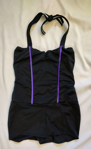 Vintage Kelle Bodysuit Romper Dance Halter Tie Top Black & Purple K3T2 Adult  M