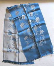 VINTAGE FRENCH SILK SCARF PARIS MONUMENTS EMBROIDERED ROYAL BLUE SILVER 47"X12"