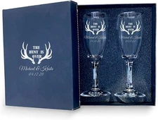 The hunt is over Personalized set of 2 Champagne Glass with box, Flutes wedding