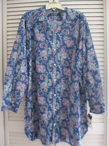 RALPH LAUREN WOME'S SLEEPSHIRT LONG SLEEVES COTTON BLEND NAVY PAISLEY MEDIUM NEW - Picture 2 of 12