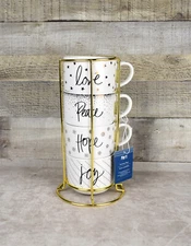 Set of 4 Pier 1 Peace Hope Love Joy Stacking Christmas Mugs in Wire Holder