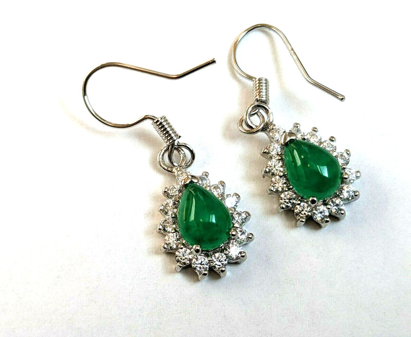 Halo Green Jade Dangle Earrings 18K White Gold Plated with Zircon,Pear Cut,Cute!