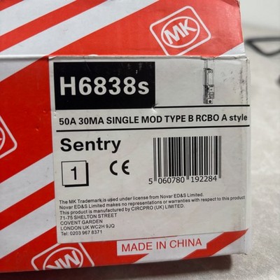 MK Sentry H6838s 50A RCBO Typ A 30mA B Kurve 6kA einpolig 1 Modul