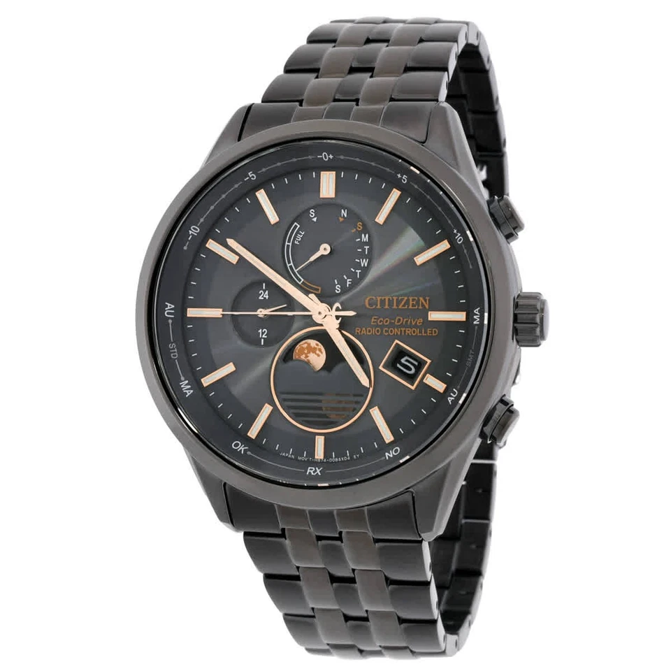Relógio masculino Citizen Eco-Drive fase da lua controlado por rádio mostrador cinza BY1037-51H