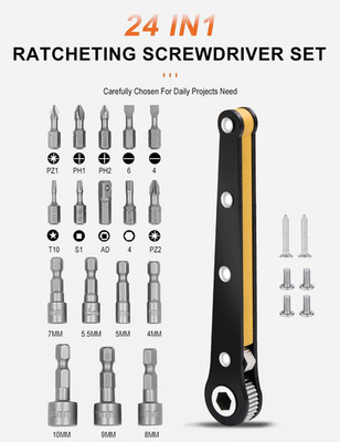 24in1 Right Angle Ratcheting Screwdriver Set, Low Profile Mini Ratchet Screwd...