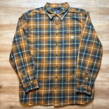 Carhartt Flannel Shirt Mens 2XL Tall Brown Green Plaid Button Loose Fit Workwear