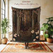 Dark Forest Woven Throw Blanket, Moonlit Blossom Botanical Fringe Blanket, Moody