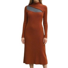 ASOS Midi Dress Size 24 Brown Rust Asymmetrical Chest Peep Cut Out Ribbed Knit