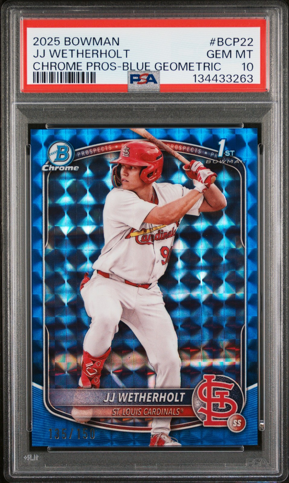 2025 BOWMAN CHROME PROSPECTS BLUE GEOMETRIC #BCP22 JJ WETHERHOLT 135/150 PSA 10