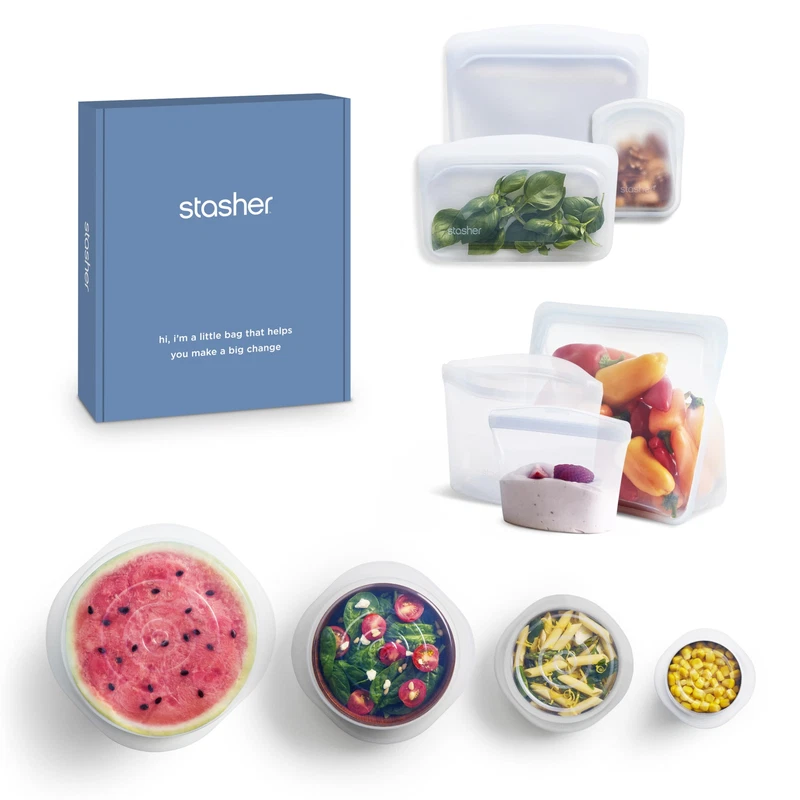 Stasher Silicone Reusable Storage Bags Stretch Lids 10-Pack Starter Kit