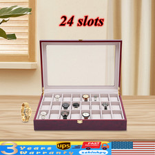24 Slot Wooden Watch Box Display Case Glass Top Jewelry Storage Organizer  Lock