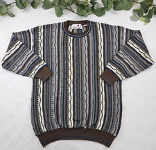 VTG Florence Tricot 3D Knit Coogi Style Brown and Blue Knit Sweater Size L