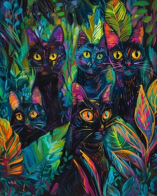 8x10 Art Print Cats Leaves Painting Surrounded - 21700889