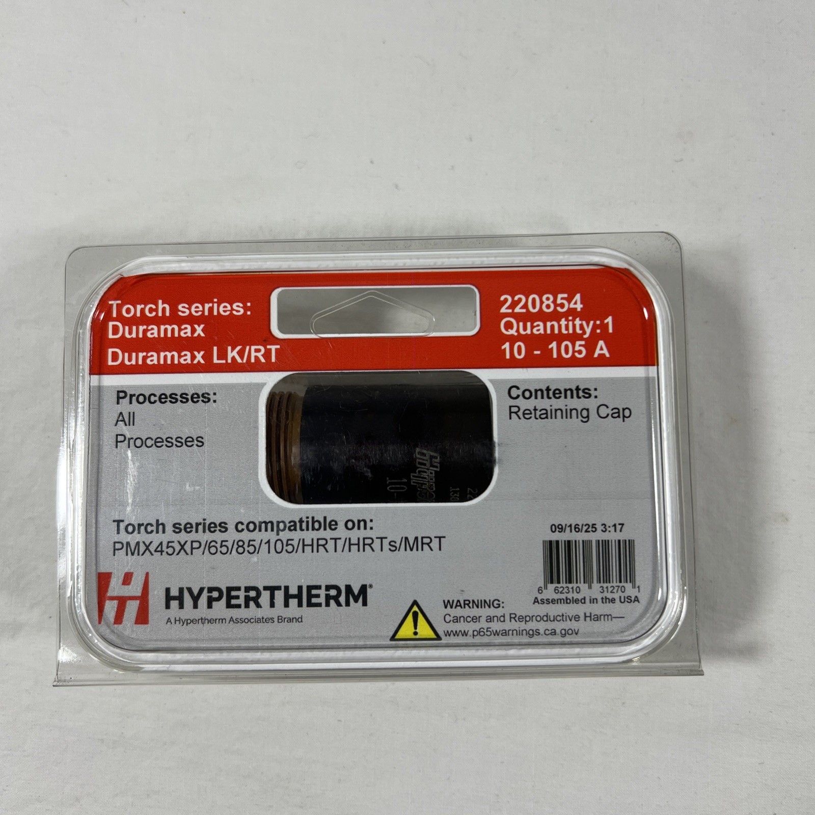 Hypertherm 220854 Duramax/LK/RT Retaining Cap, 10-105A, Powermax 45XP/65/85/105