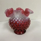 Vintage Fenton Cranberry Opalescent Hobnail Squat Vase Ruffle Top
