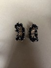 Vintage Gold Tone Black Peacock Beaded Cluster Pierced Earrings Big Half Hoop — photo 3