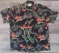Vtg Paradise Found Mens Large Black Floral Wood Button Hawaiian Shirt USA Made