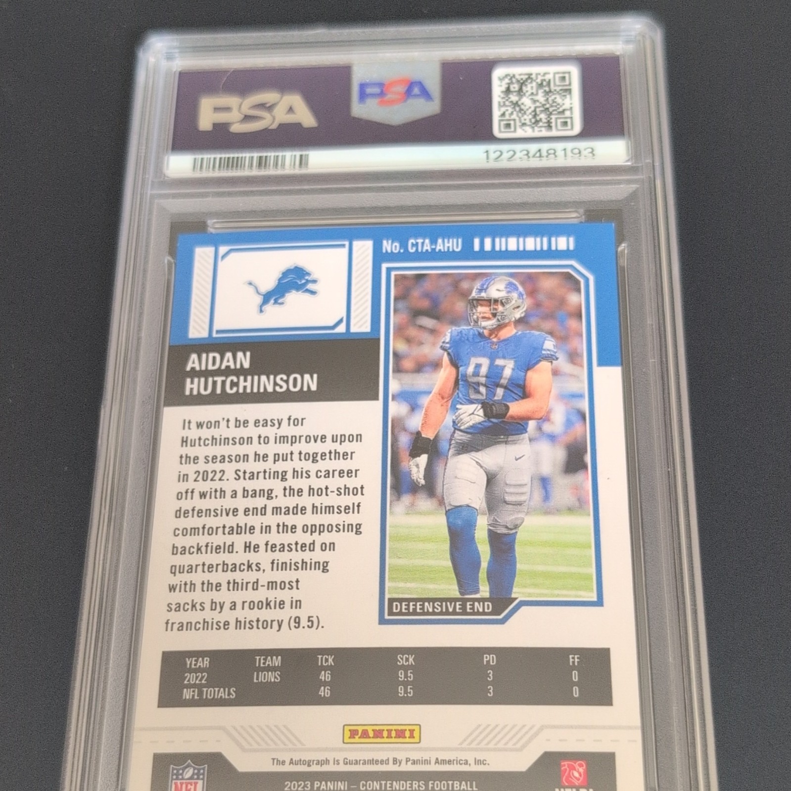 Panini 2023 Contenders Aidan Hutchinson Lions Vet Ticket Cracked Ice 7/23 PSA 9 view 2
